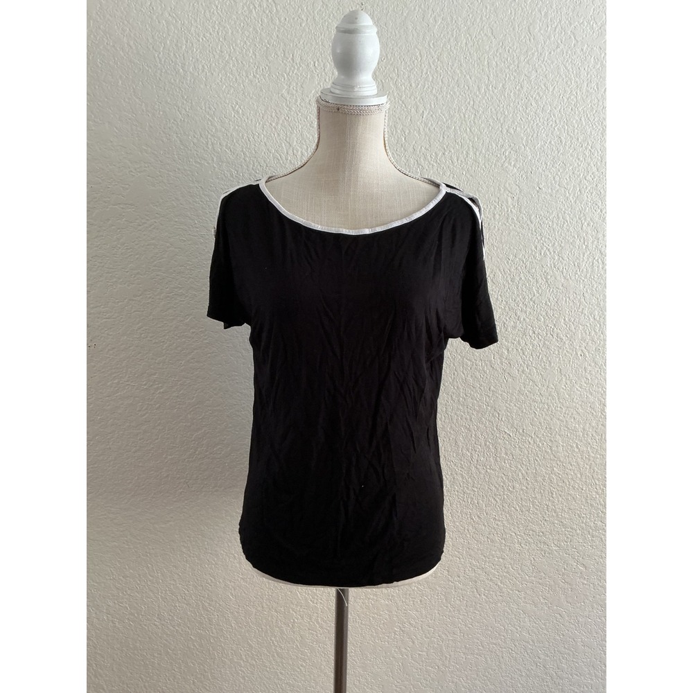 Cable & Gauge Top Size M Black White Contrast Trim Gold Ring Split Sleeve